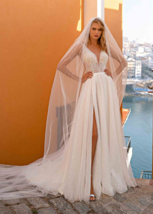 Plunging Neck Beaded Ivory Lace Tulle Slit Wedding Dress